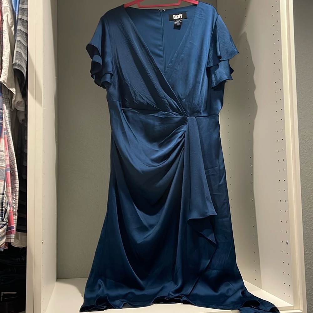 DKNY Satin Midi Flutter Sleeve V-Neck Dress Size 16